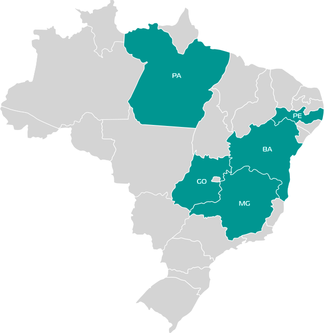Mapa do Brasil destacando os estados de atuação: Pará, Pernambuco, Bahia, Goiás e Minas Gerais